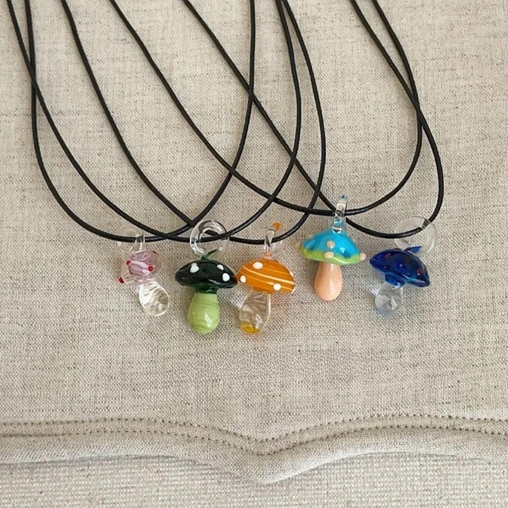 Minimalist Cartoon Color Coloured Glaze Mushroom Pendant Necklace for Women Exquisite Sweet Blacable Black Wax Rope Chain Choker