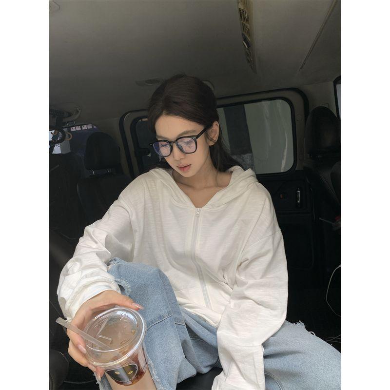 Kumikumi Idle Style All-Match Hood Zip-up Long sleeve Outerwear Women Autumn Loose Slimming Niche Age Reducing Top