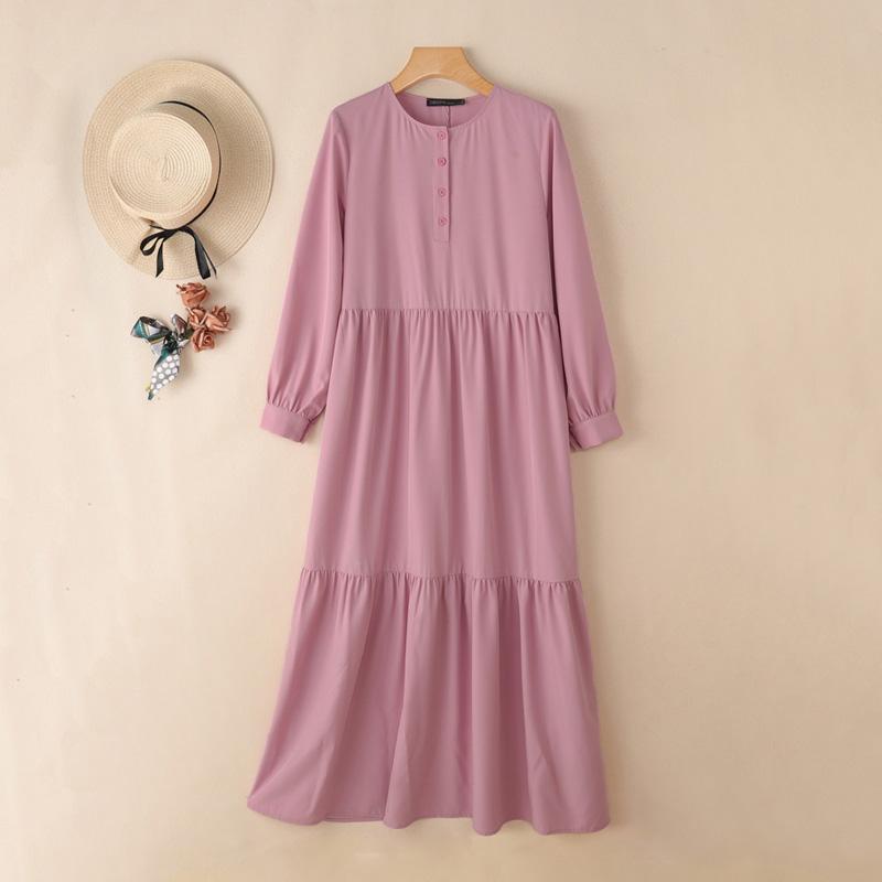 ZANZEA Women Round Neck Long Sleeve Loose Casual Muslim Dress