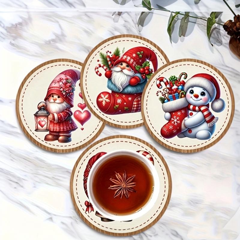 6/8 Stück Runde Holz-Untersetzer im Weihnachts-Design, Rutschfest und Hitzebeständig, Für Büro und Küche, Dekorative Tassenhalter, Geschenke
