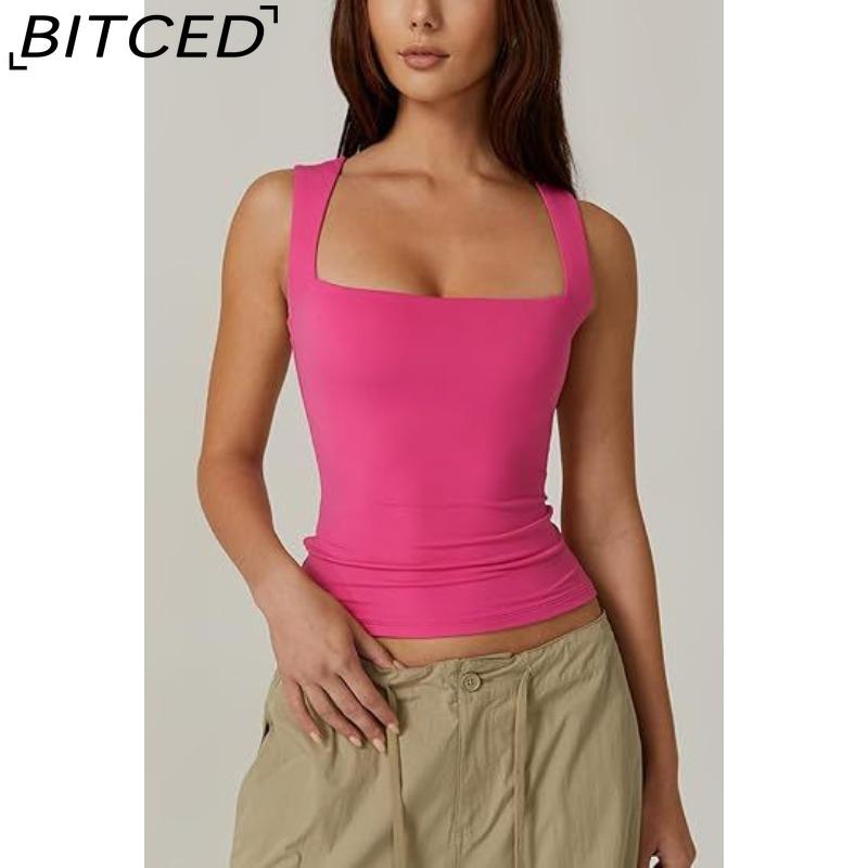 BITCED Women's Summer Square Neck Sleeveless Double-Layer Tank Top Basic Fitted T-Shirt