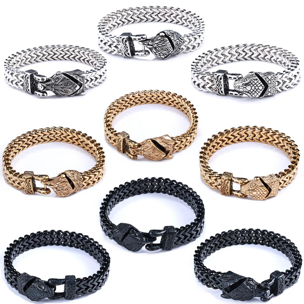 Special Stainless Steel Woven Chain Viking Rune Wolf Head Bird Head Snake Logo Bracelet