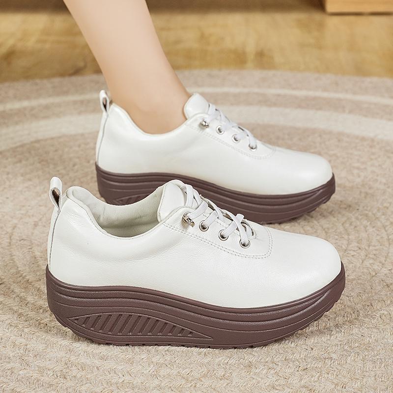 Women Platform Loafers Black Casual Leather White Shoes Thick Sole Height Increase Shake Shoes