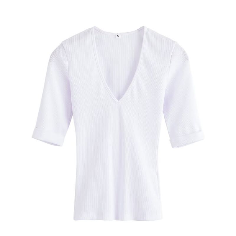 

Zbzr Spring New Women clothes Western Style Fashion V-neck Short sleeve Multi-Color Comfortable Simple T-shirt 2335155 White L