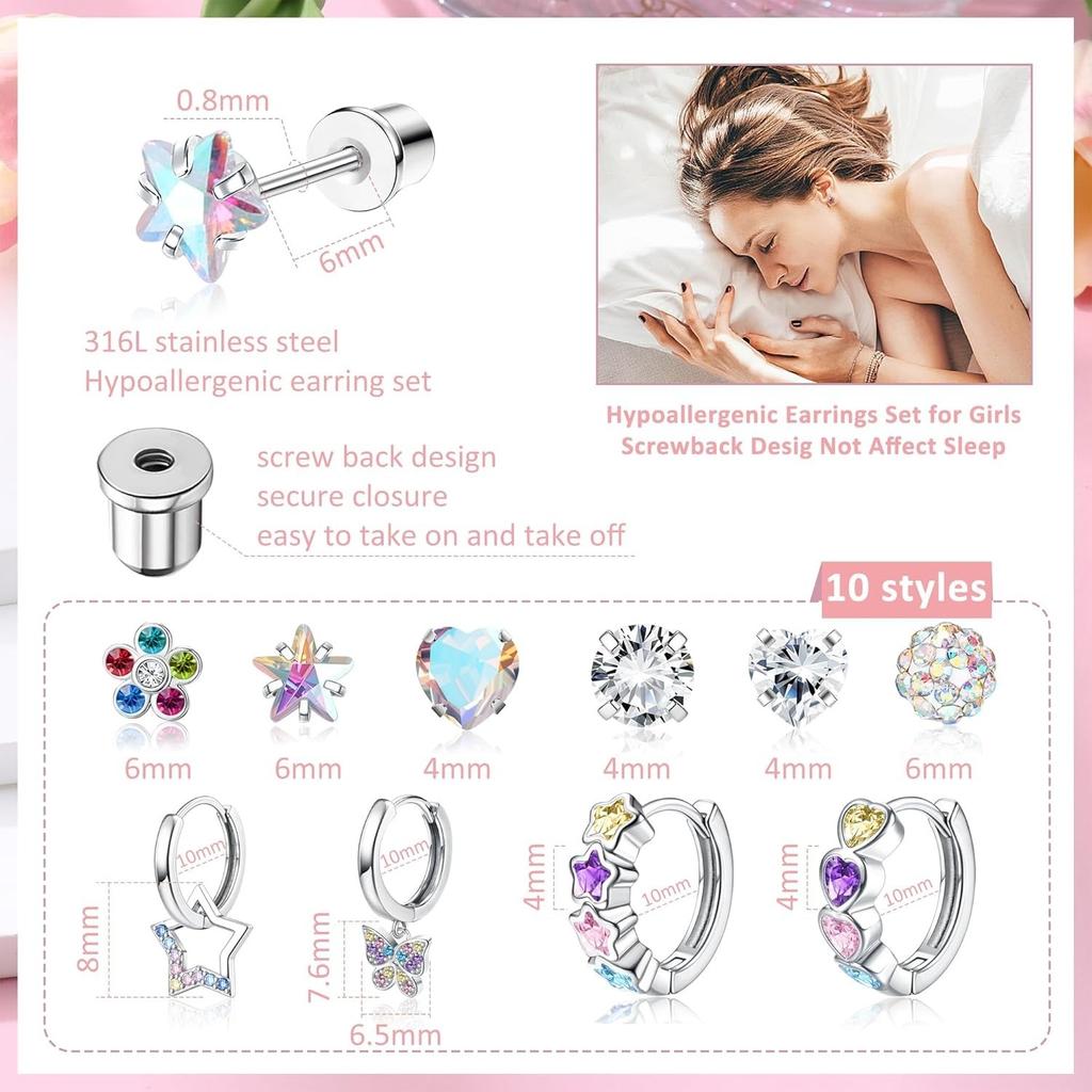 Bobisty 10Pairs Hypoallergenic Earrings Sets for Women Surgical Steel Screw Back Stud Small Hoops Earrings Cute Earrings Jewel
