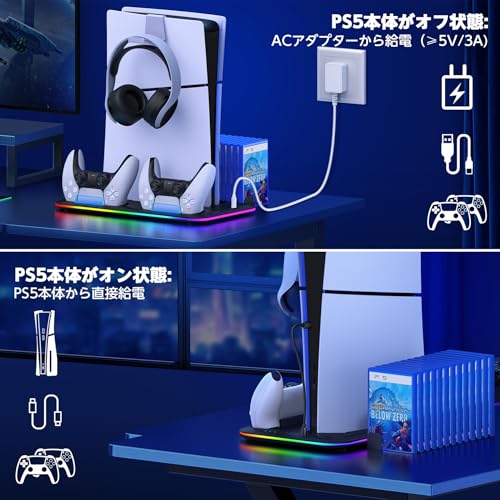 PS5 Silm/PS5 Vertical Controller Stand, PS5/PS5 Silm Controller Charging Stand, Simultaneous Charging for Two Controllers, Compatible with New PS5, 3-