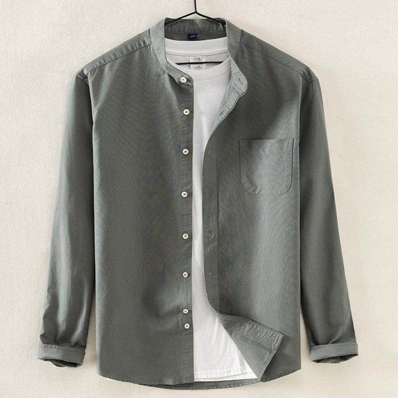 Solid Color Stand-up Oxford 100% Cotton Longsleeve Shirt for Men Korean Clothes Mens Fashion Clothing Trends Button Up Shirt