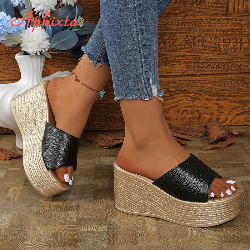 Mode Aphixta Leder Sommer Pantoletten 9cm Keilabsatz Hausschuhe Damen Plateau Mules Sandalen Clog Schuhe Pantoletten Große Größe 43