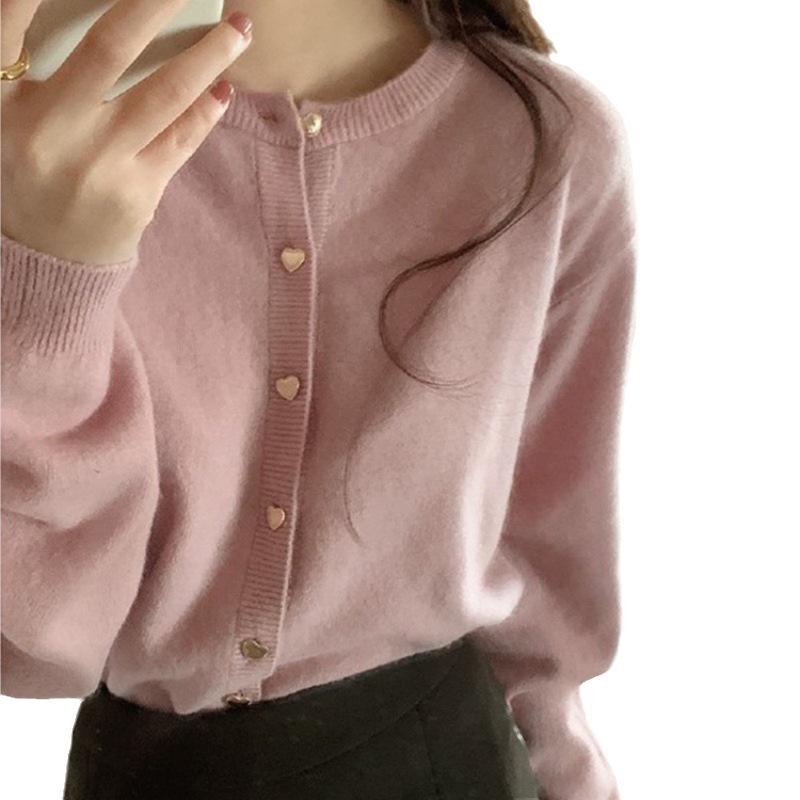 Gentle Love Heart Buckle Pink Knit Cardigan - Japanese Style Women's Autumn Outerwear 2025.