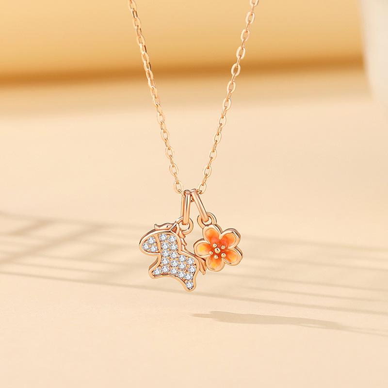 Tichya S925 Sterling Silver Zodiac Horse & Four-Leaf Clover Necklace for Women 925 Sterling Silver