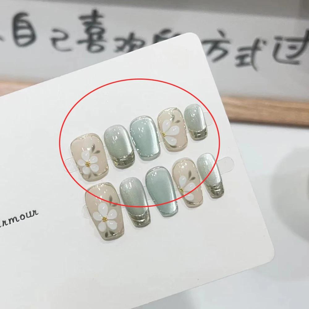 Summer Sweetheart Handmade Full Cover False Nails Kawaii Cartoon Cat Flower Cat Eye Short Square Reusable Fake Nail Stickers