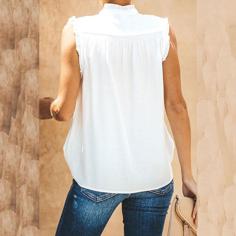 Summer Women's Vest Sleeveless High Neck Button-frilly Loose Casual Top