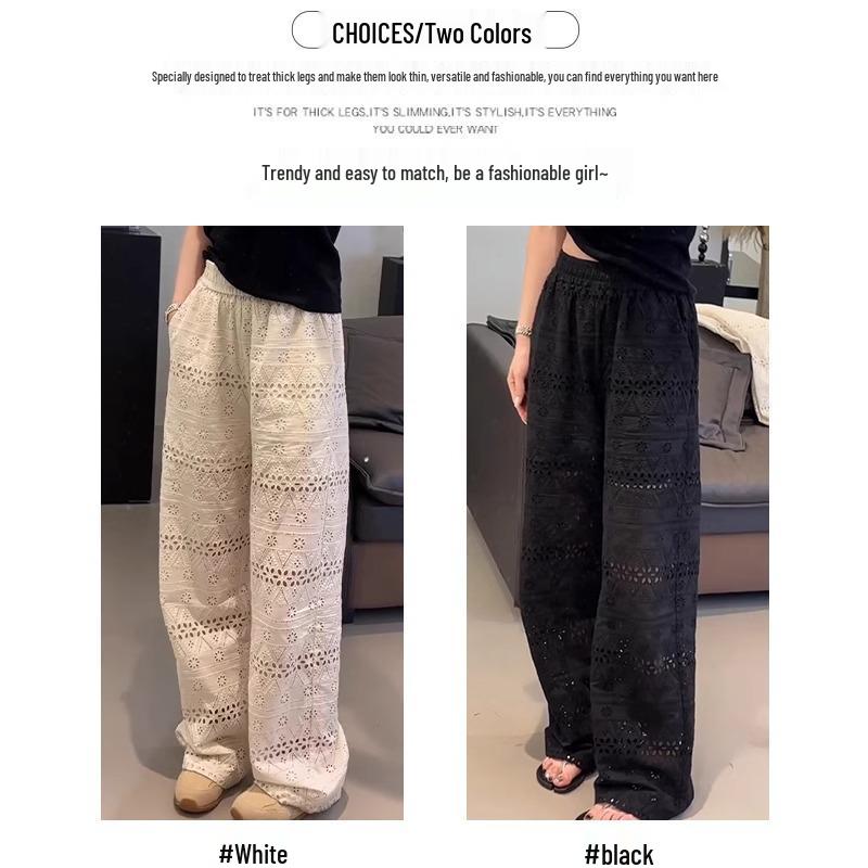 Summer 2025 Women's Lace Hollow Wide-Leg High-Waist Draping Pants - Ice Silk Cool & Casual Petite Fit