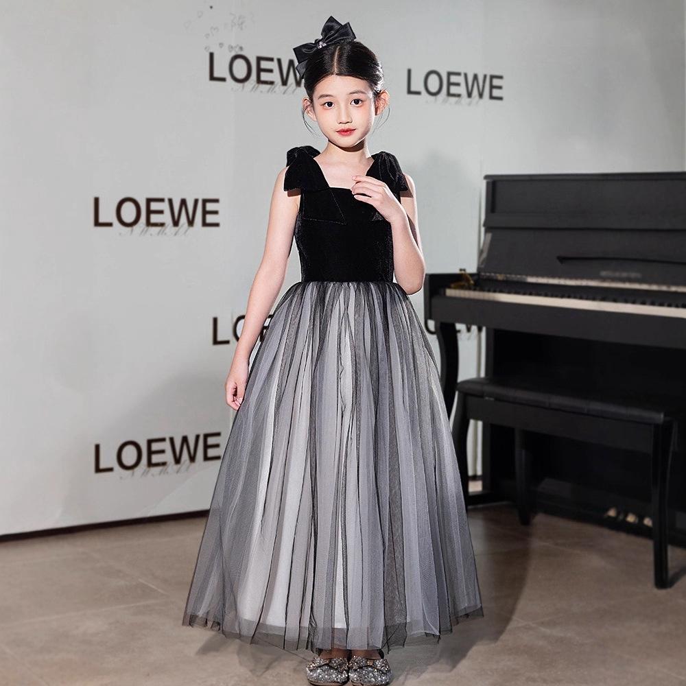 Girls' Black Mesh Formal Choir Dress - Elegant Autumn Performance Costume for Piano & Violin
