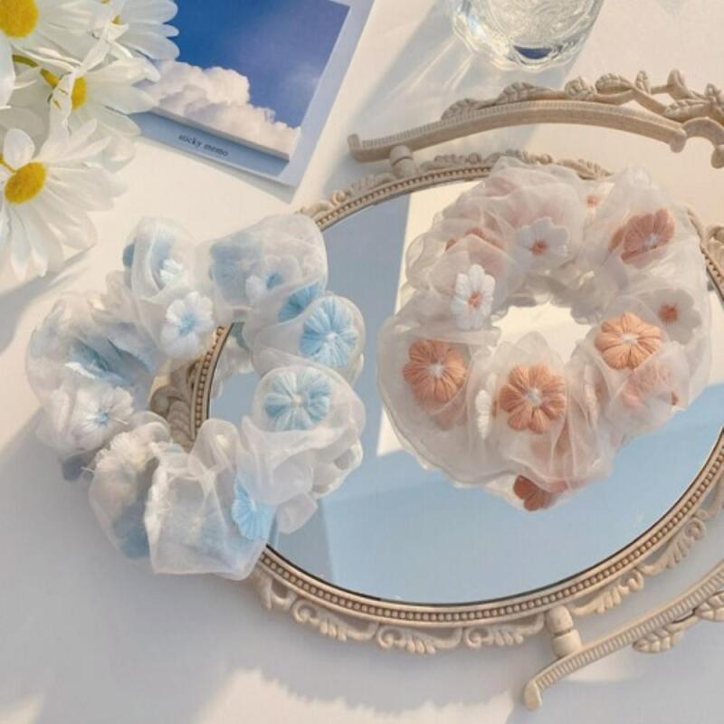 Women s Summer See-Through Flower Embroidery 2-Piece Set Flower Embroidered Hair Tie Set of2(Blue+Pink)