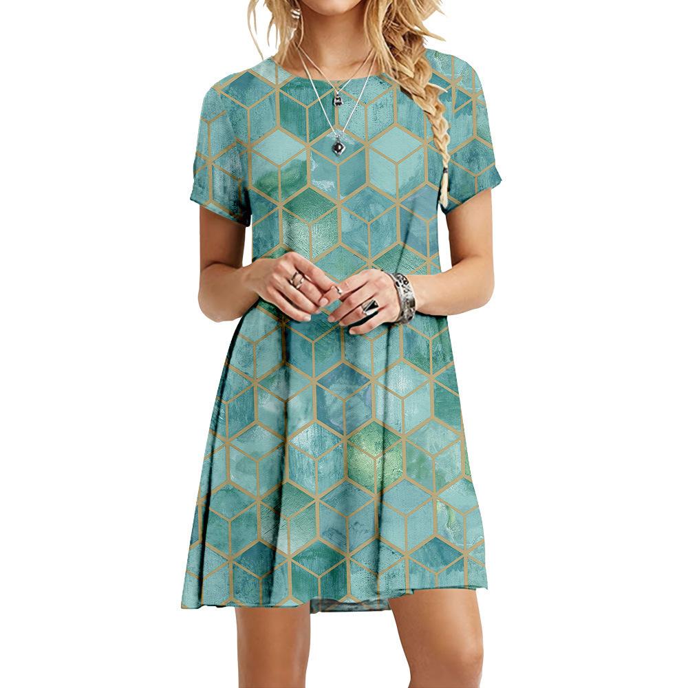 S-6XL Übergröße Mode Damen 3D Geometrischer Druck Kleid Lässig Rundhals Kurzarm Kleid Sommer Locker Mini Kurzes Kleid