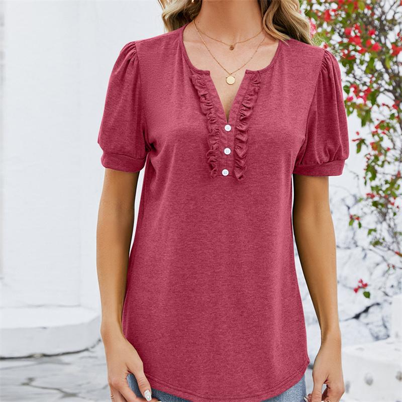Frühling Sommer T-Shirts Einfarbig Damen Top Mode V-Ausschnitt Knopf Holzohrkante Kurzarm T-Shirt
