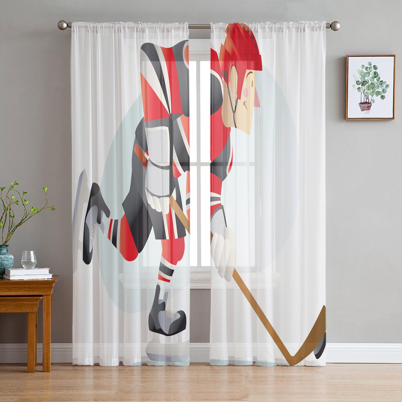 

Hockey Player Ice Skating Tulle Sheer Window Curtains for Living Room Kitchen Children Bedroom Voile Hanging Curtain W135 x H114cm