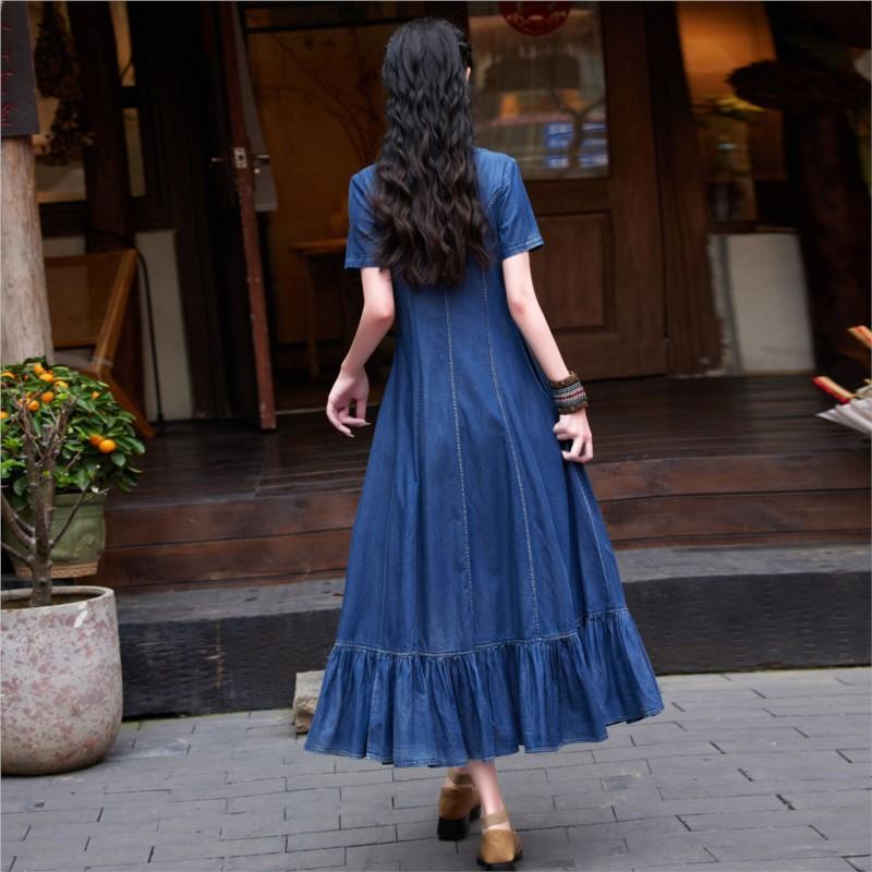 Johnature Woman Spring O-Neck Short Sleeves Cowboy Personality Dress Niche Embroidery Loose Retro Dress