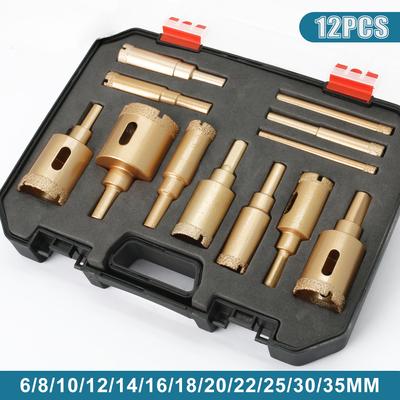 Brazing Hole Opener Set Diamond Coated Drill Bits Set 10-12Pcs 6-35mm Hole Saw Drill Kit Tools Hand Tools for Glass Marble Granite Stone Tile Ceramic