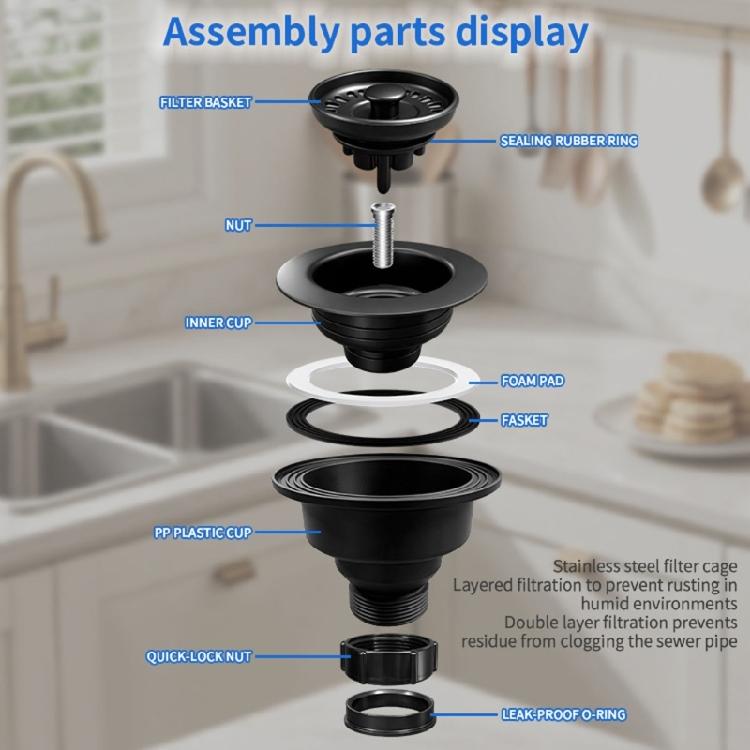 Kitchen Sink Maintenance Part, Plastic Strainer Drain Component with Basket, Center Lift Insert and Lower Screw Connection
