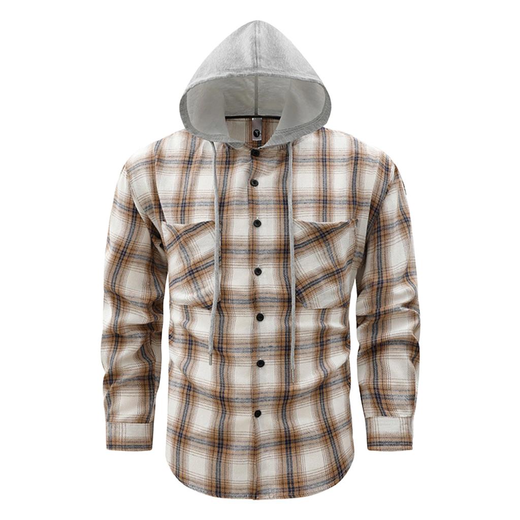 Herren Flanell Karo Kapuzen Knopfleiste Hemd Jacke Freizeit Langarm Oberbekleidung