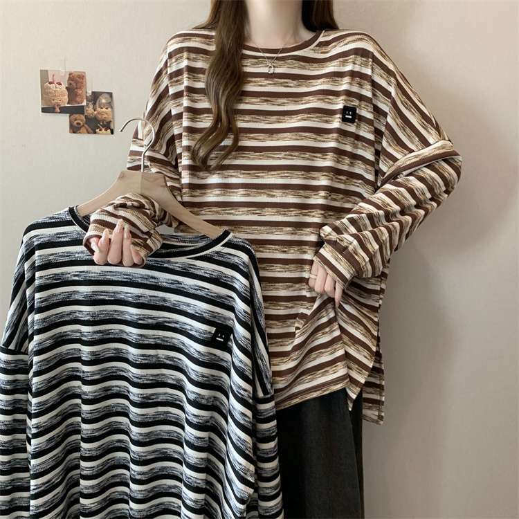 

Plus Size Women Spring Autumn Long Sleeve T-shirts Vintage Striped Loose Casual Tops Oversized Crew Neck Tshirts L чорний