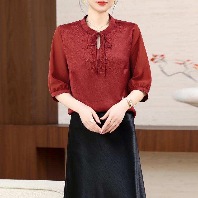 2026 Summer Mid-Sleeve Embroidered Silk Satin Top for Middle-Aged Women - Chinese Style Mom s Five-Point Sleeve Shirt XL вино красного
