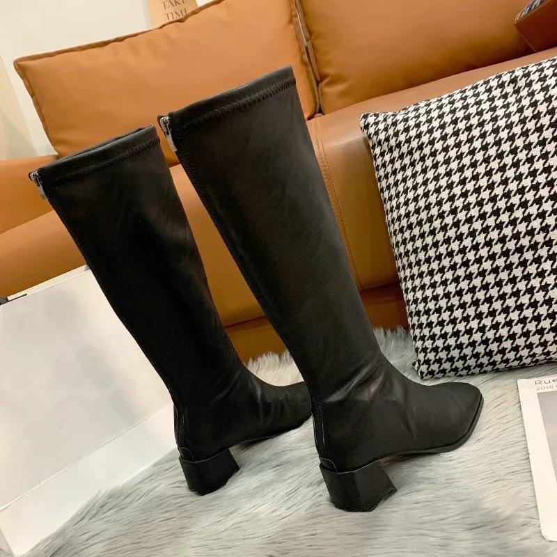 Long Tube Women'S Knee-Length Cotton Boots Autumn New All-Match Square Toe Plus Fleece High Tube Block Heel Skinny Boots