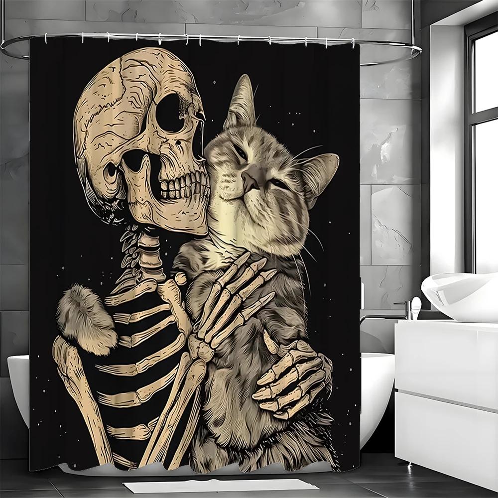 Skeleton Skeleton And Cat Shower Curtain, Bathroom Decorative Shower Curtain, Waterproof Shower Curtain With Hooks