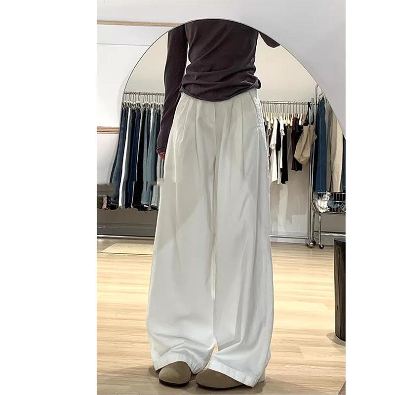 

Plus Size High Waist Fleece-Lined White Pleated Wide-Leg Jeans for Women - Autumn/Winter Loose Straight Leg Floor-Length Pants L