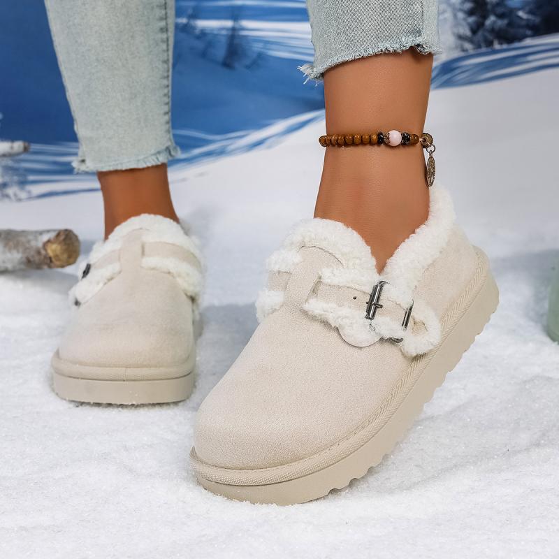 Soft Thick Bottom Furry Casual Shoes Women 2025 Winter Warm Short Plush Flats Shoes Metal Buckle Non Slip Snow Boots for Woman