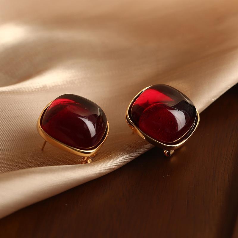 Silver Needle Square Smudge Resin Stud Earrings French Retro Temperament Earrings Fashion Simple High Sense Earrings