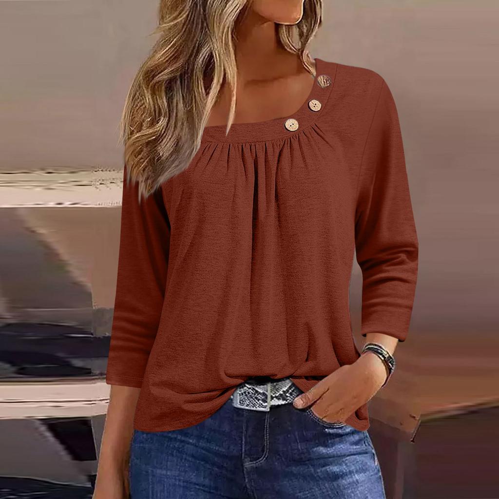 Damen T-Shirt mit Aufdruck, Knopfleiste, 3/4-Ärmel, für den Alltag, Wochenende, modisch, Basic, normale Passform