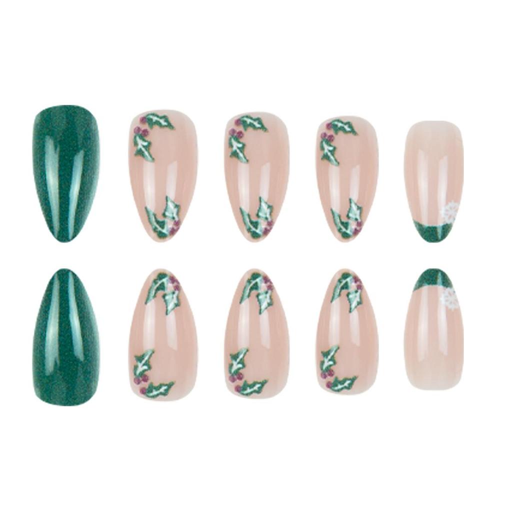 European & American Green Snowflake French Almond Nails - Wearable, Removable, 30-Piece Christmas Set