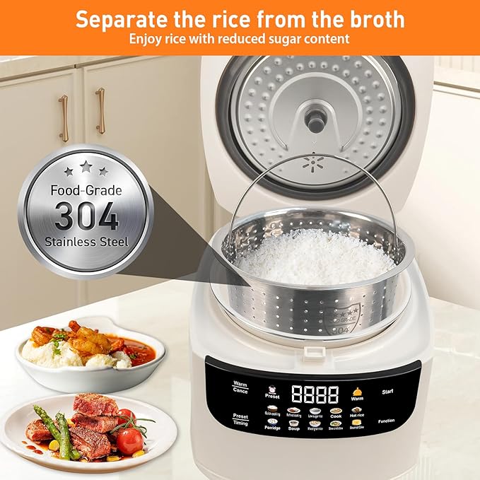2L Rice Cooker Heating Lunch Coating Pot Cookware Slowcooker with Fast Heating Steamer 24H Timer 8H Warming Function for Travel