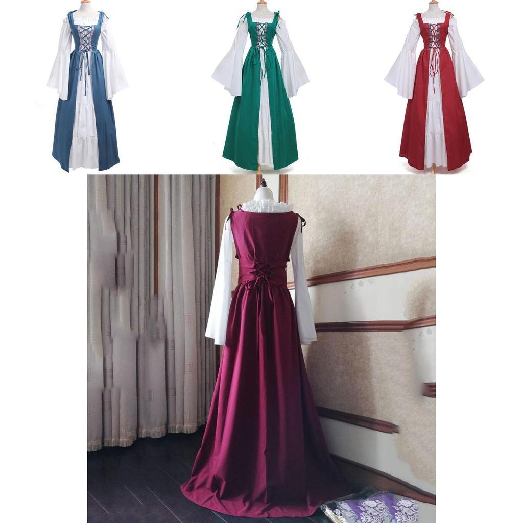Elegantes Damen Vintage Renaissance Mittelalter Langes Kleid Mit Ausgestellten Ärmeln Und Schnürdetail
