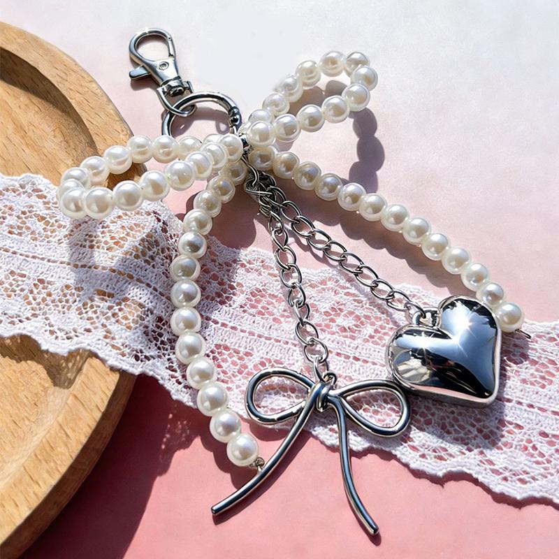 Yogodlns Bowknot Heart Pendant Women Sweet Charm White Pearl Bow Backpack Bags Pendants Decoration Gifts