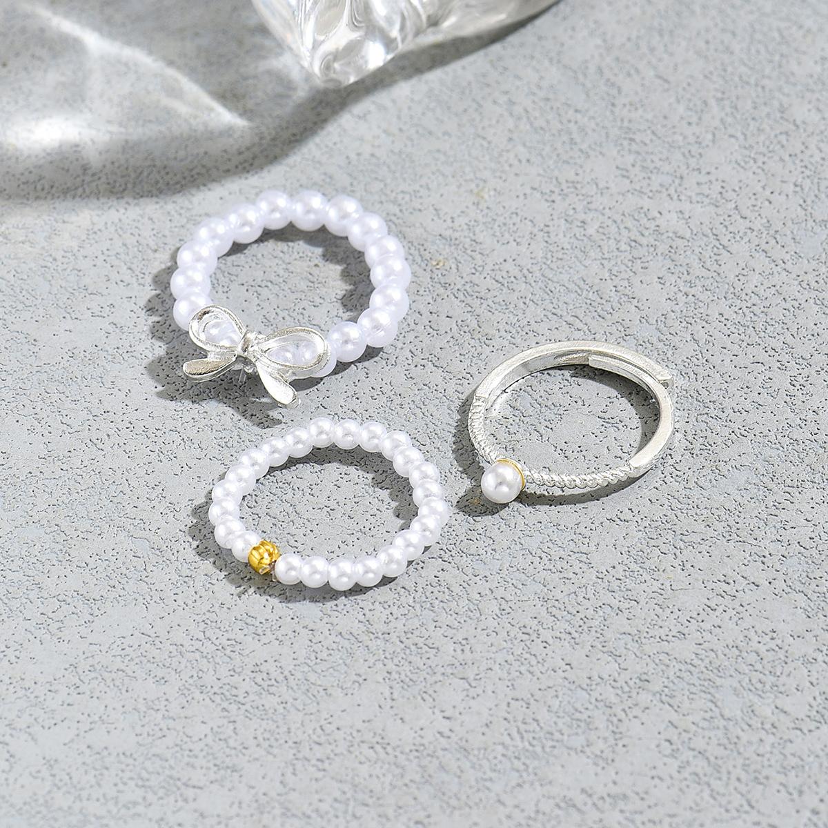 

3Pcs/Set Sweet Imitation Pearl Ring Set Silver Color Bow Charm Beaded/Open Stackable Rings For Women Party Daily Wear