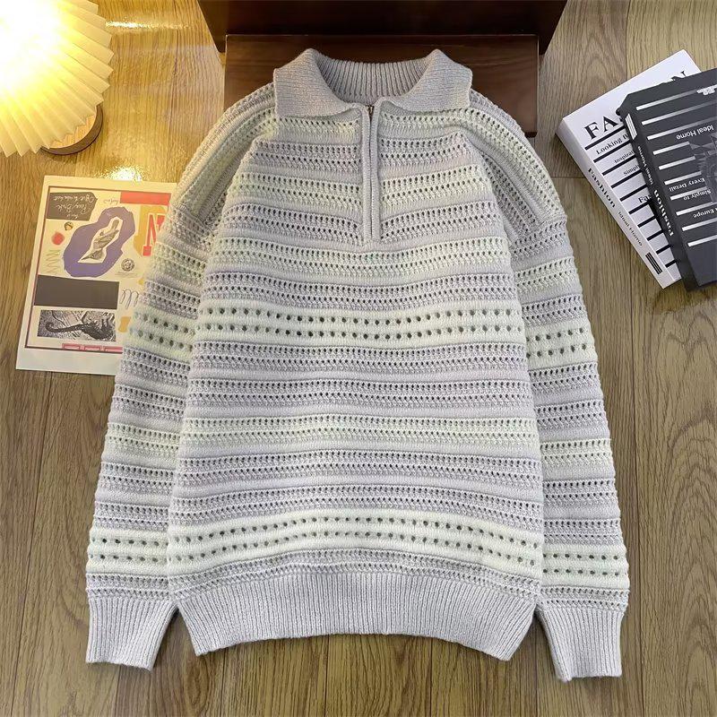 

Men s Half-Zip Patchwork Knit Sweater with Stripe Lapel for Autumn/Winter. 3XL [160-170 jin]