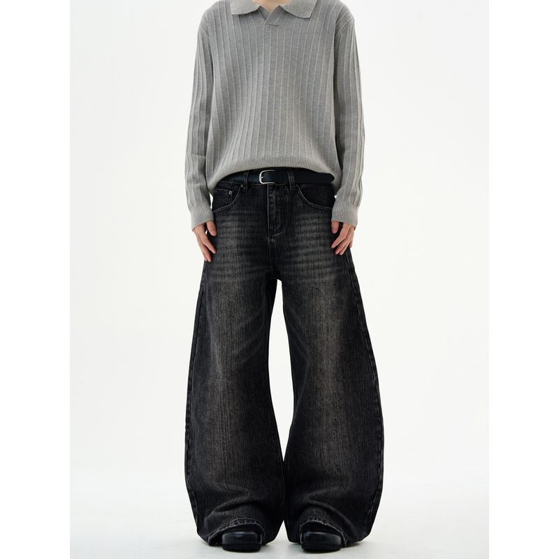 Kisko American Retro Washed Bamboo Texture Black Scimitar Jeans Unisex High-End Loose Straight Pants