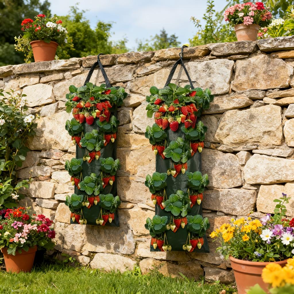 2pcs Wall-Mounted Strawberry Grow Bags, Hanging Planter Bags, Multi-Hole Strawberry Planting Bags for Balcony and Garden, Breathable, Water-Permeable
