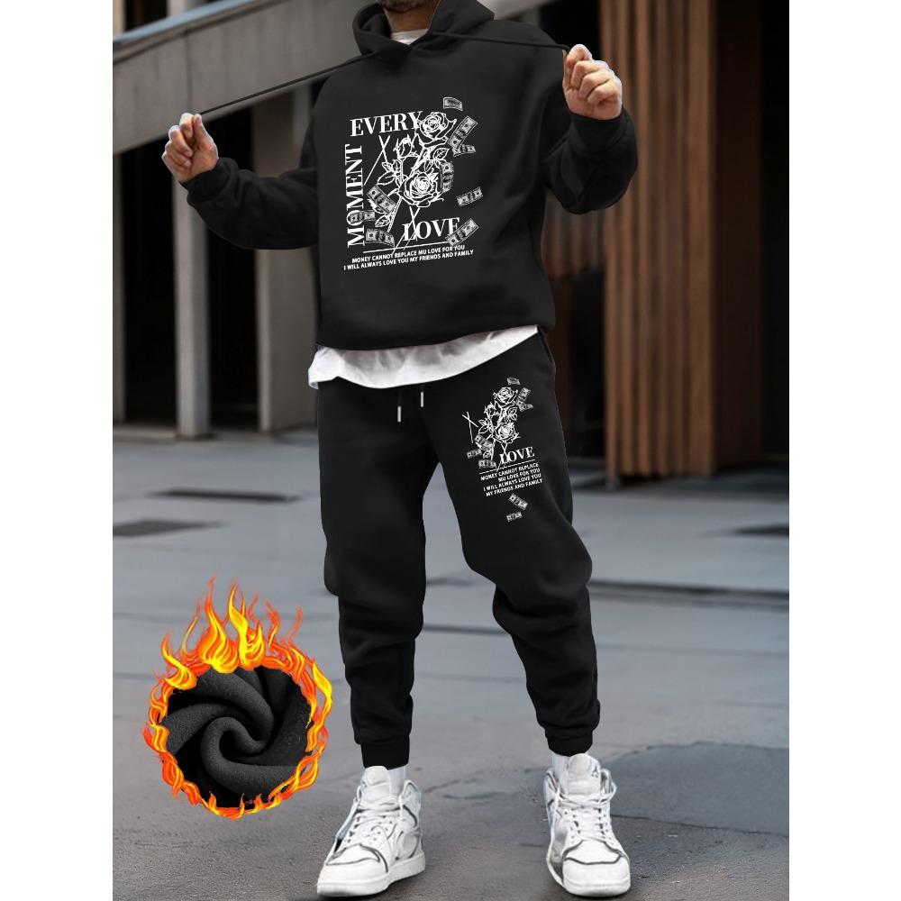 

Европейский и американский толстый зимний модный уличный стиль приталенный комплект худи с принтом и длинных брюк XXXL