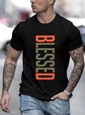 BLESSED Letter Print Men's T-shirt Casual Crewneck Short Sleeve Tee Smooth Quick-dry Breathable Comfort Plus Size Daily Clothes