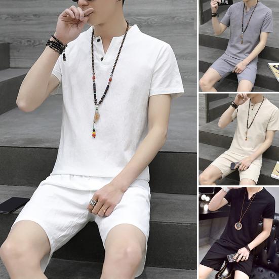 2Pcs/Set Men's Casual Cotton Linen Summer Suit Short Sleeve Button-Down Stylish Men's Suit Streetwear