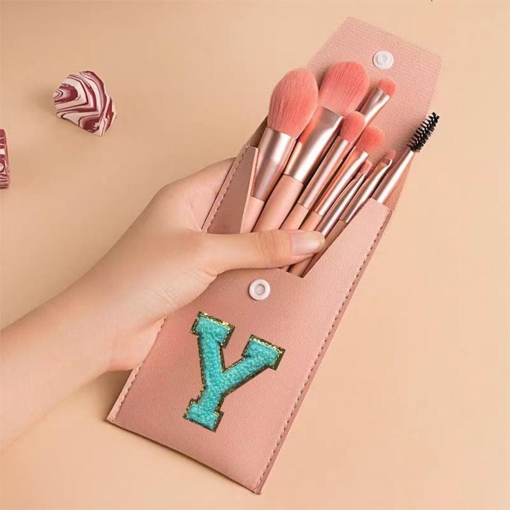 8Pcs Makeup Brush Set Portable Cosmetic Kit Pack Beauty Tool PU Bag Travel Organizer Initiial Chenille Embroidery Letter Pattern