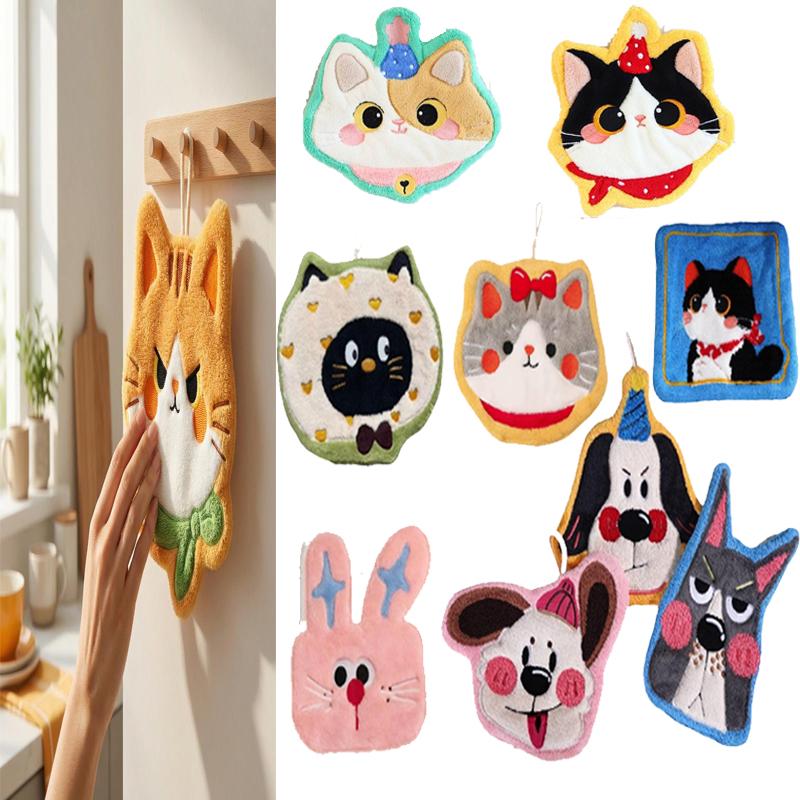 1PCS Cartoon Coral Velvet Hand Towel For Kitchen Kawaii Cat Hand Wipe Cleaning Cloth Bathroom Hanging Towel Absorbent Clean Rag