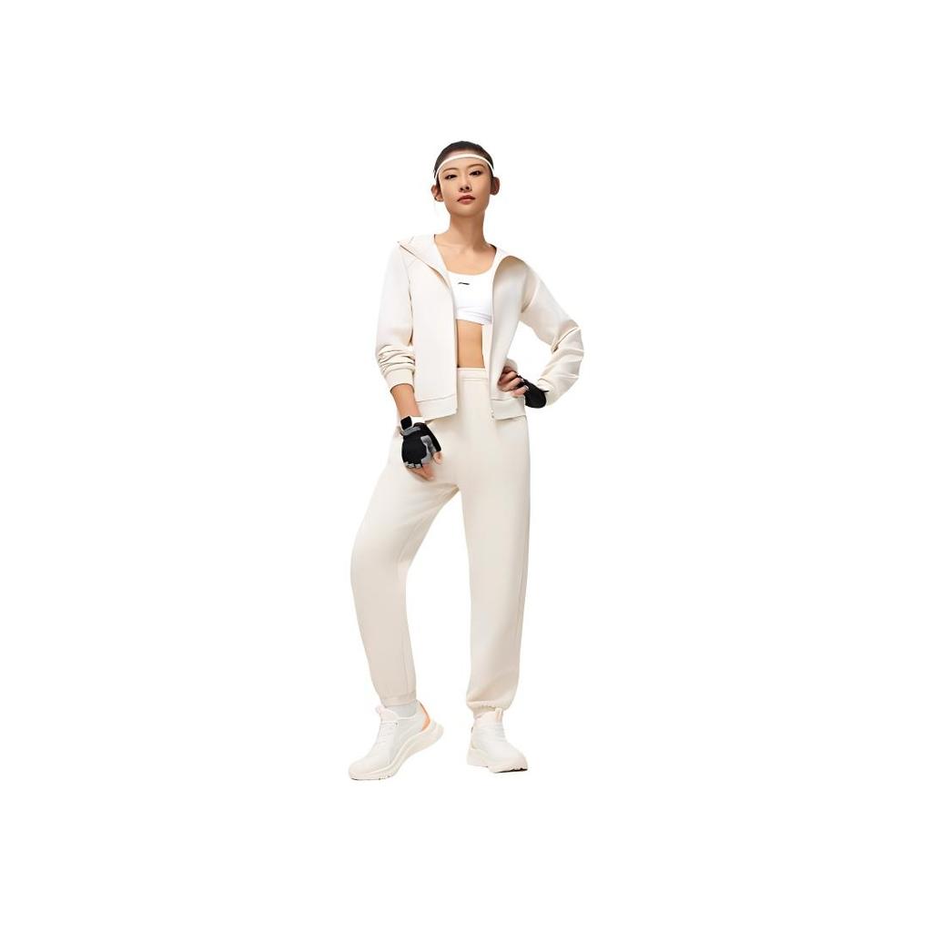 Li Ning Fitness Series Einfarbig Mittelhohe Taille Kordelzug Fleece Gestrickte Sporthose Damenhose Kieselgrau AKLU100-2