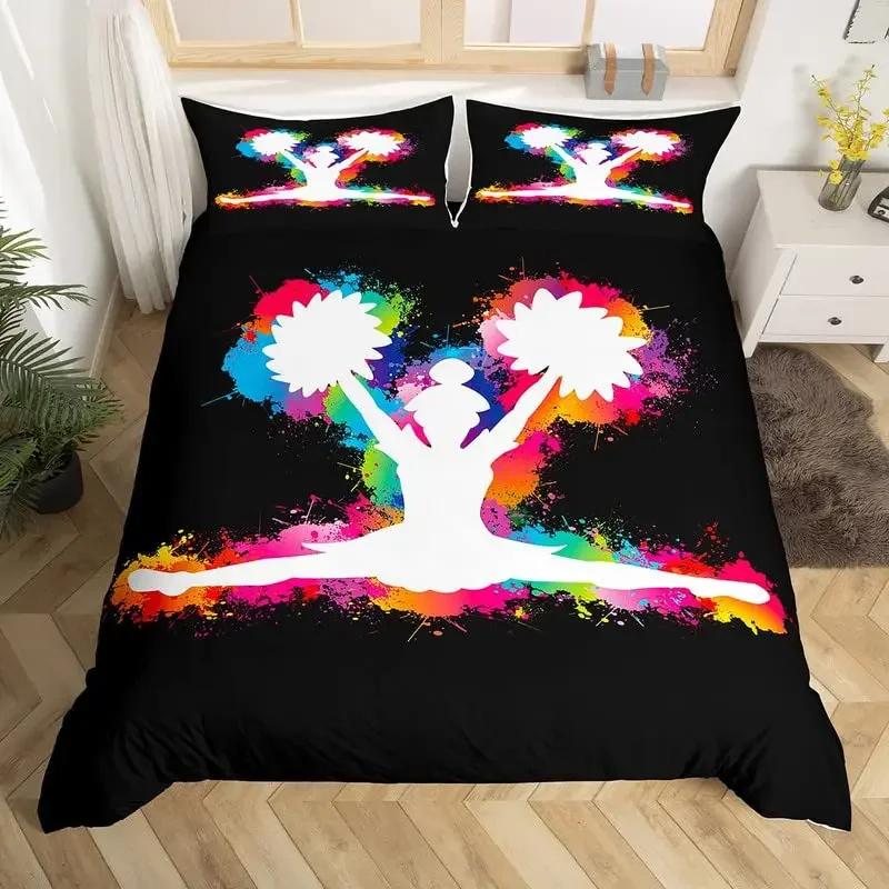 Gymnastikälskare Tvilling Kung Påslakan Set Graffti Cheerleader Sängkläder Set Polyester Drömsk Flickig Cheerleading Täckeöverdrag