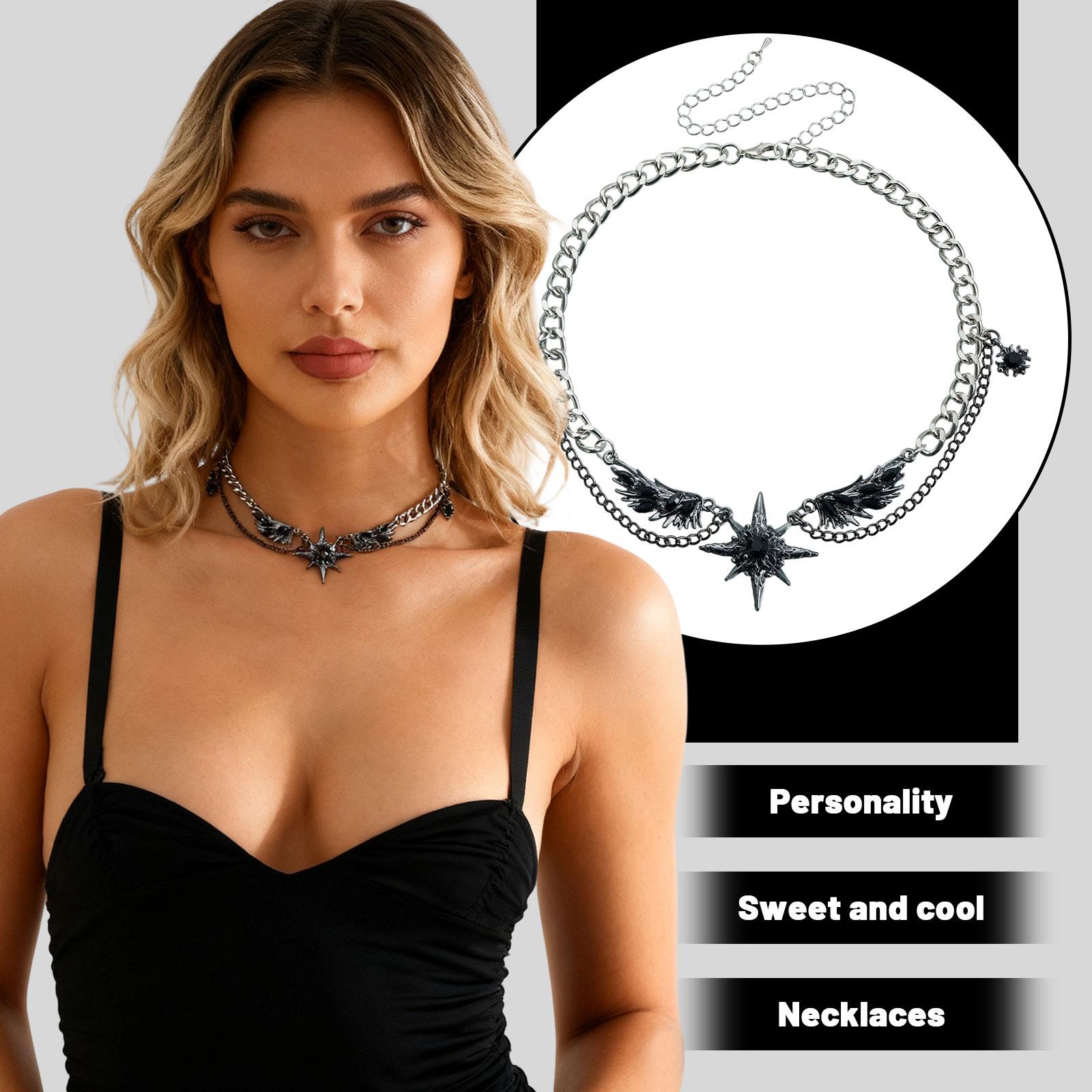 

Dark Girl Chain Necklace With Winged Star Pendant, A Sweet And Cool Personalized Women s Jewelry One Size